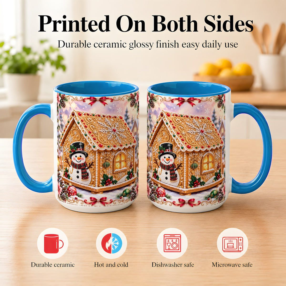 #pl[15oz|Blue] Gingerbread House Coffee Mug, Christmas Snowman Mug, Ceramic Cup