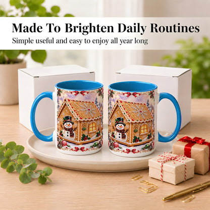 #pl[15oz|Blue] Gingerbread House Coffee Mug, Christmas Snowman Mug, Ceramic Cup