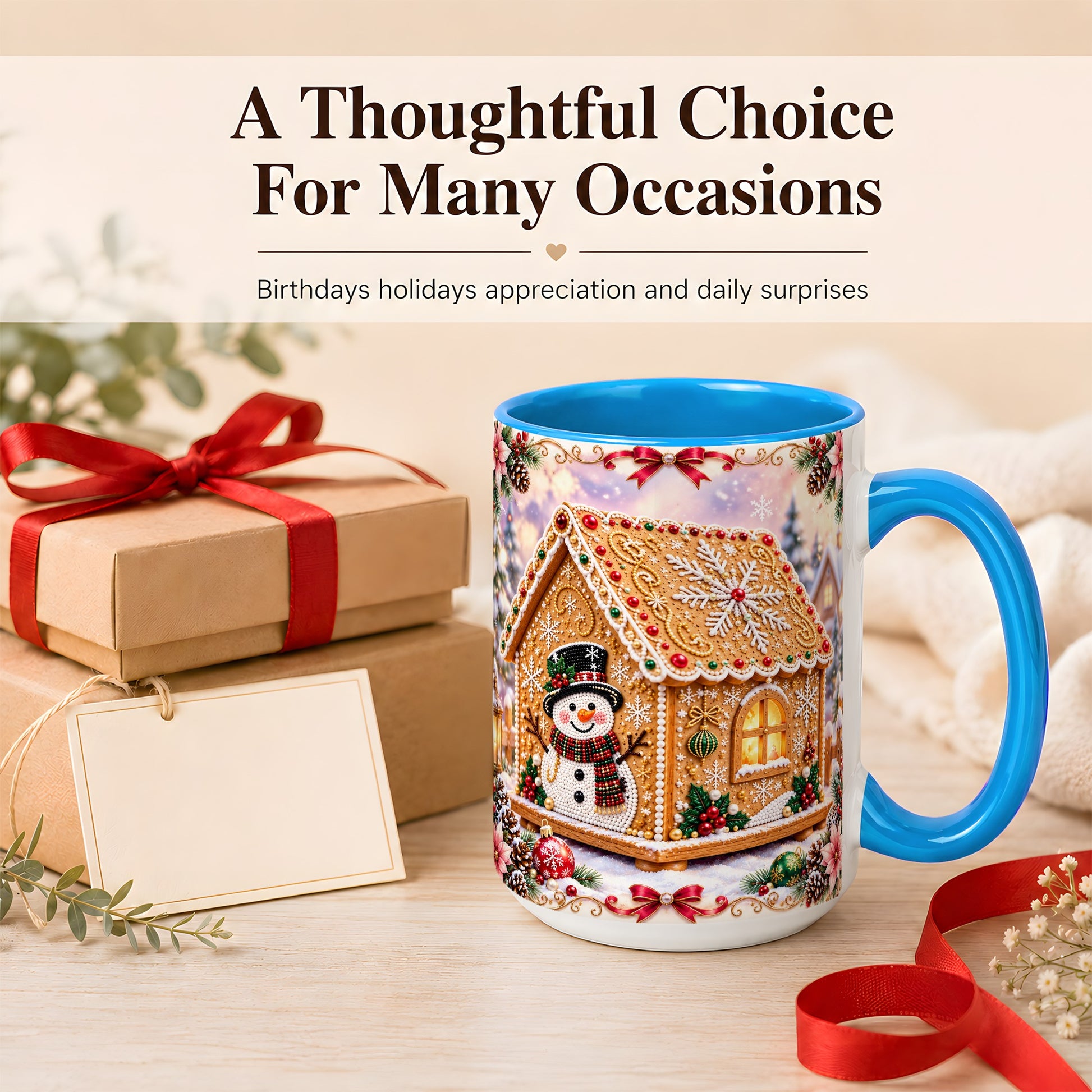 #pl[15oz|Blue] Gingerbread House Coffee Mug, Christmas Snowman Mug, Ceramic Cup