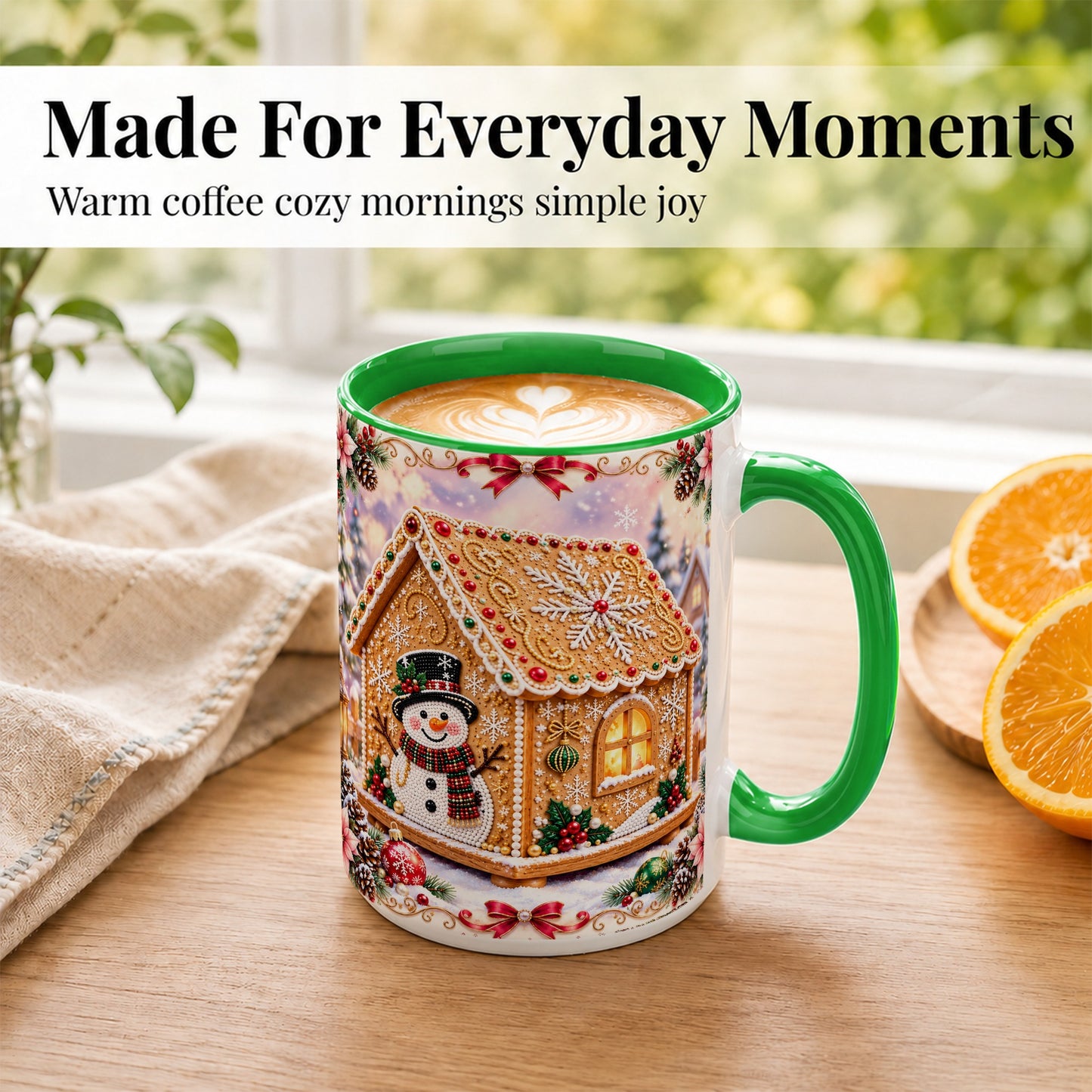 #pl[15oz|Green] Gingerbread House Coffee Mug, Christmas Snowman Mug, Ceramic Cup