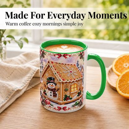 #pl[15oz|Green] Gingerbread House Coffee Mug, Christmas Snowman Mug, Ceramic Cup