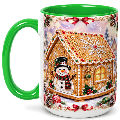 #pl[15oz|Green] Gingerbread House Coffee Mug, Christmas Snowman Mug, Ceramic Cup