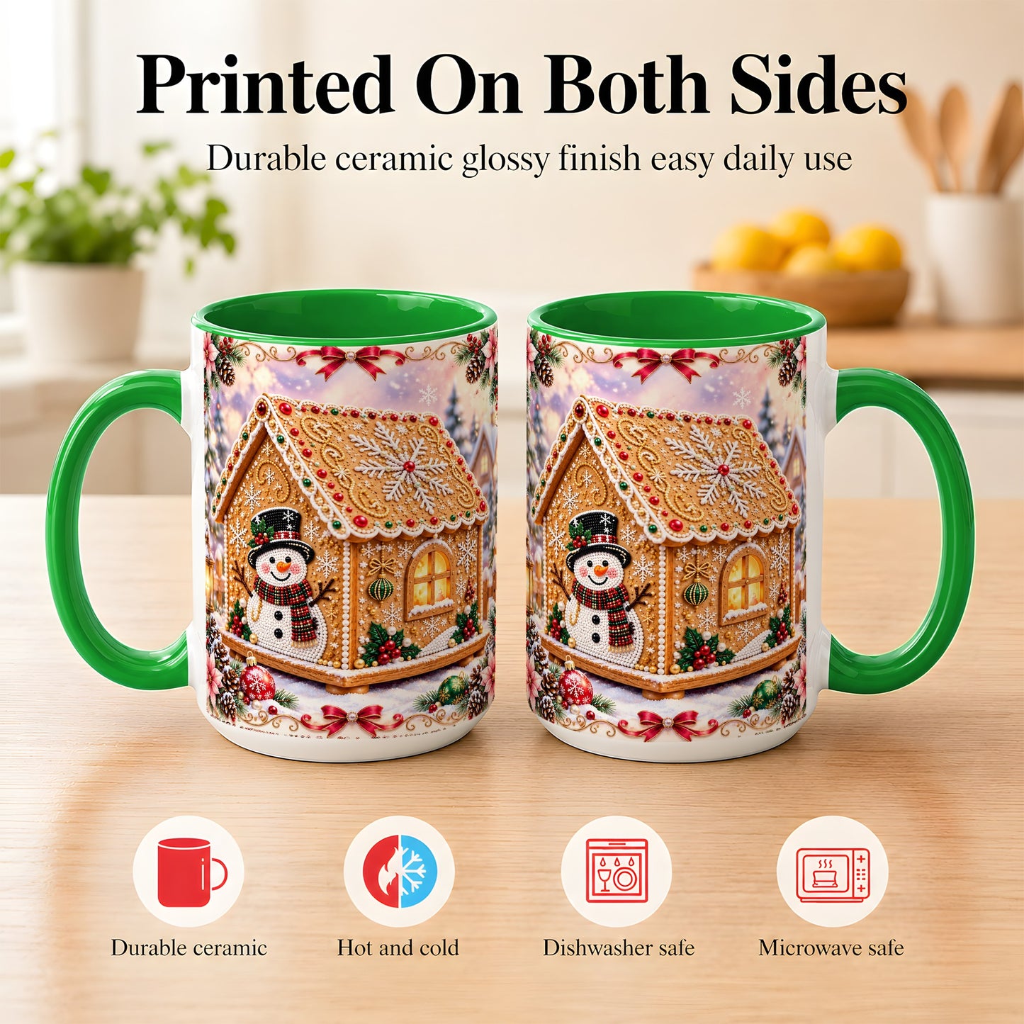 #pl[15oz|Green] Gingerbread House Coffee Mug, Christmas Snowman Mug, Ceramic Cup