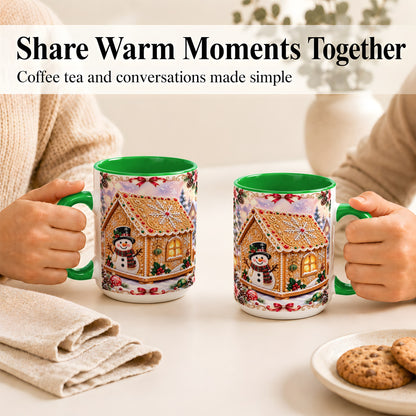 #pl[15oz|Green] Gingerbread House Coffee Mug, Christmas Snowman Mug, Ceramic Cup