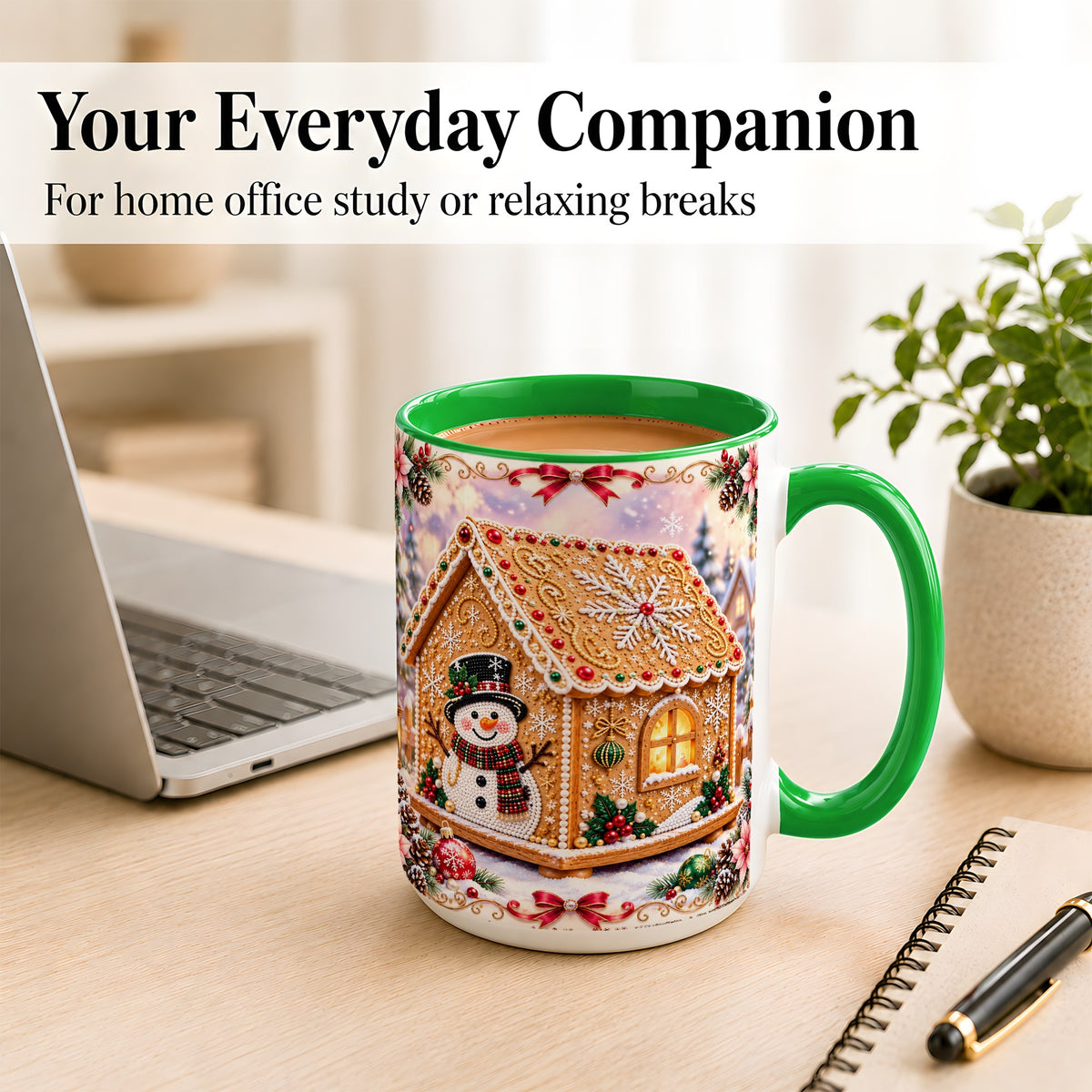 #pl[15oz|Green] Gingerbread House Coffee Mug, Christmas Snowman Mug, Ceramic Cup