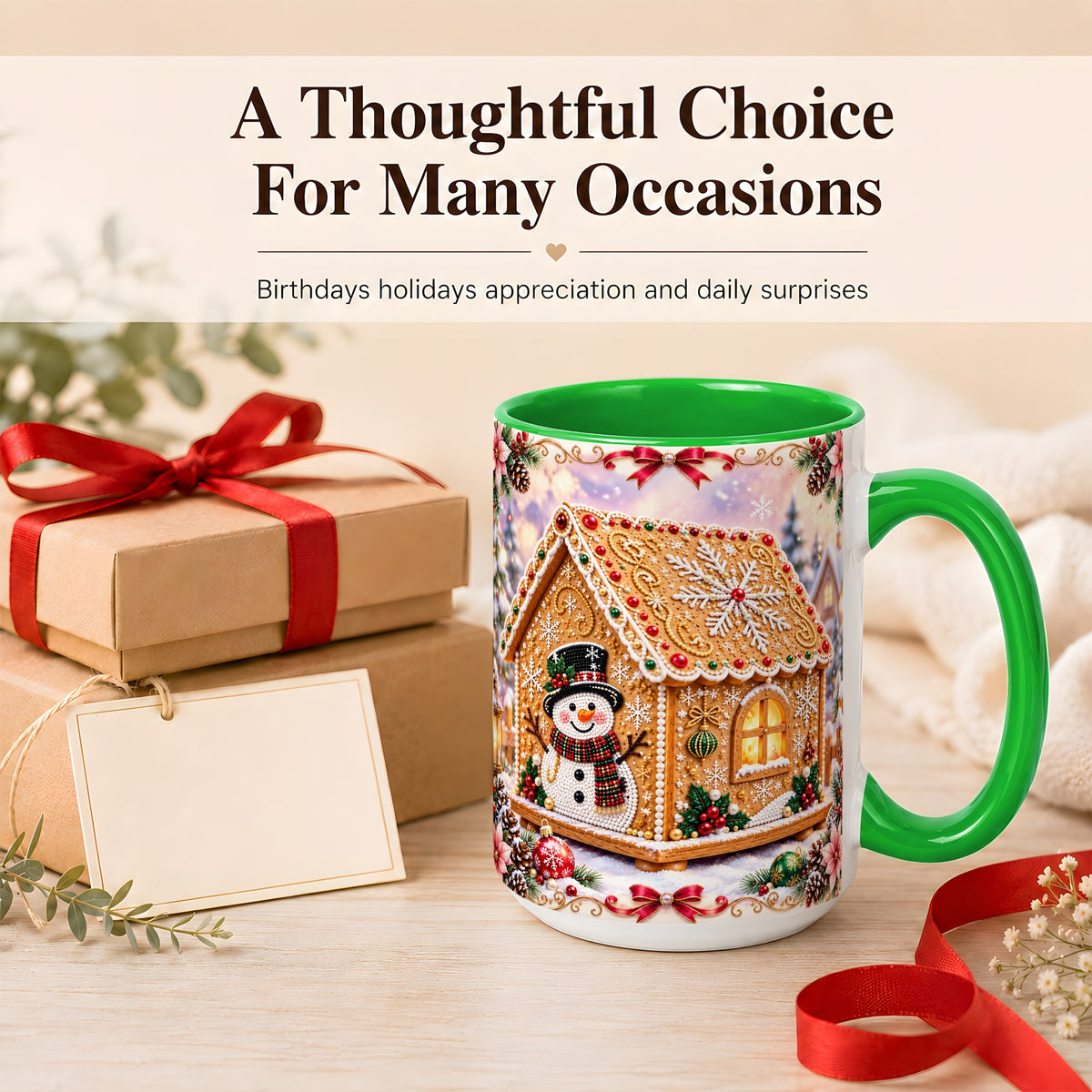 #pl[15oz|Green] Gingerbread House Coffee Mug, Christmas Snowman Mug, Ceramic Cup