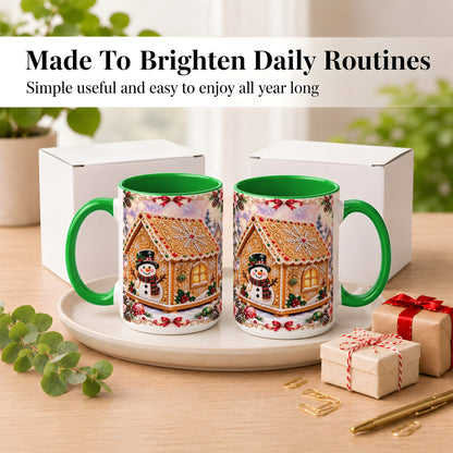 #pl[15oz|Green] Gingerbread House Coffee Mug, Christmas Snowman Mug, Ceramic Cup