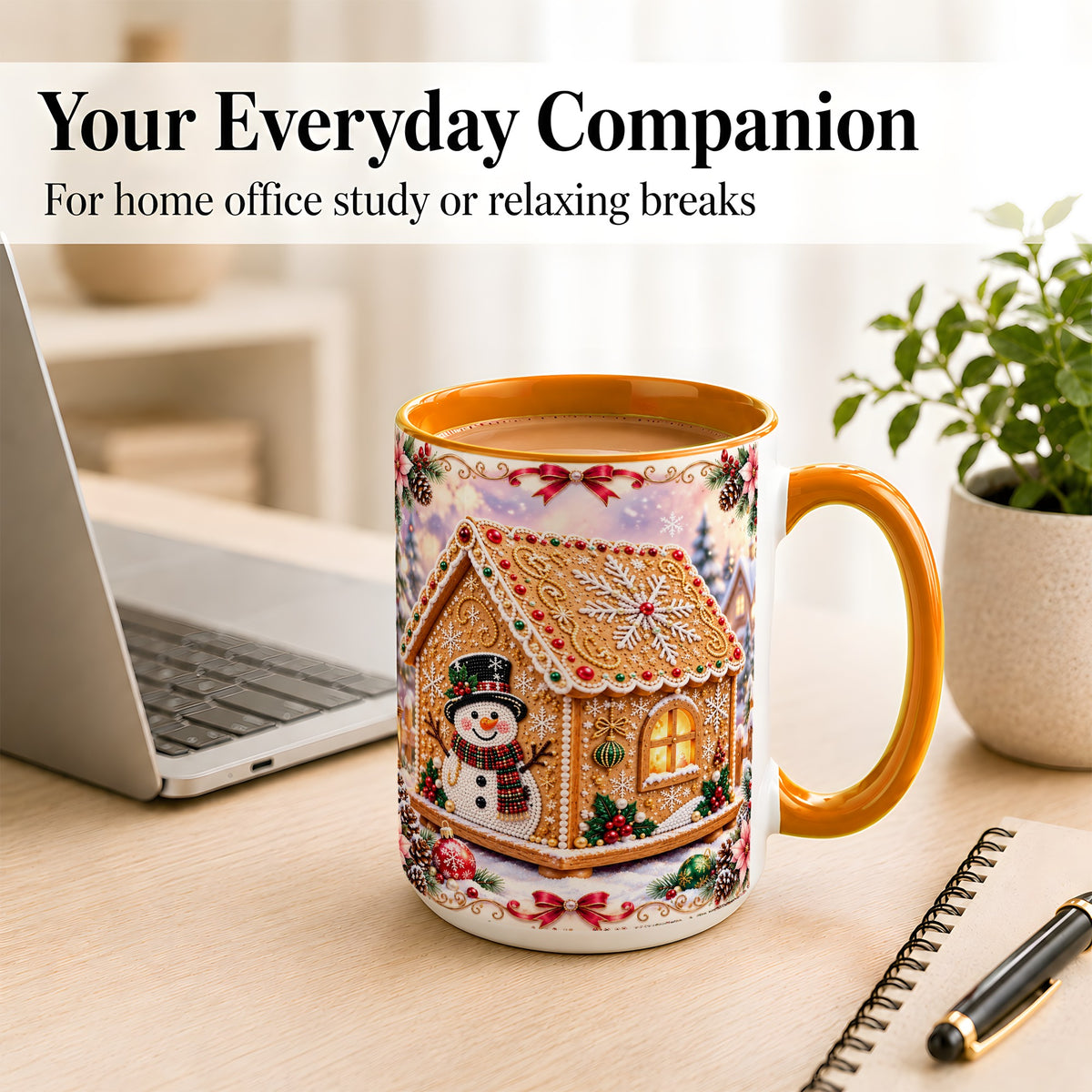 #pl[15oz|Orange] Gingerbread House Coffee Mug, Christmas Snowman Mug, Ceramic Cup