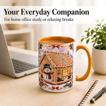 #pl[15oz|Orange] Gingerbread House Coffee Mug, Christmas Snowman Mug, Ceramic Cup