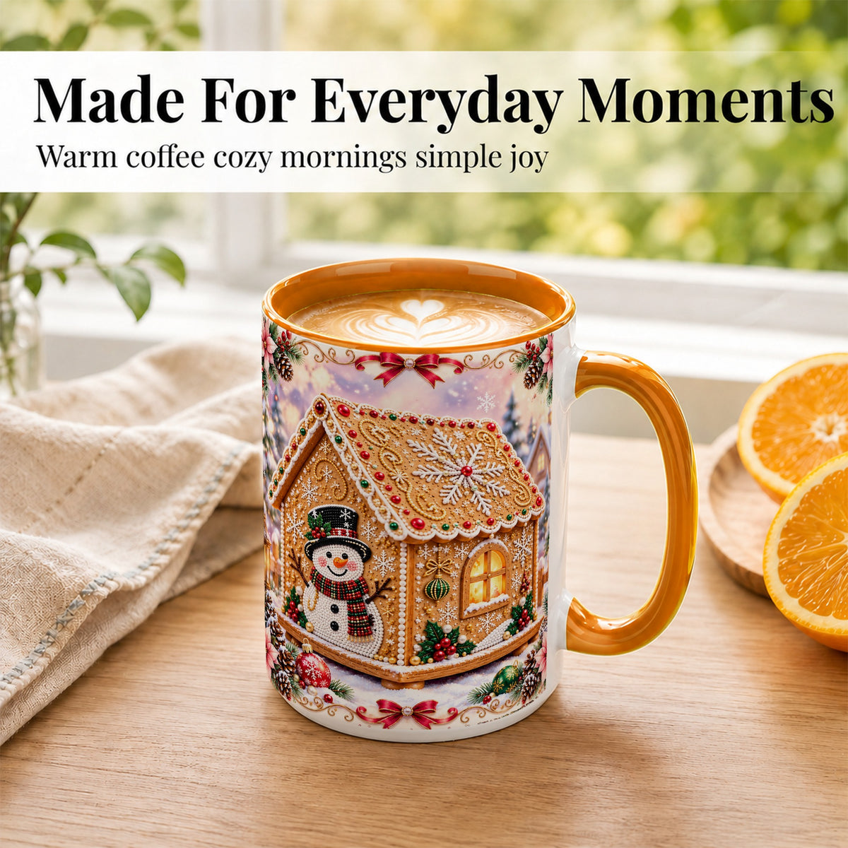 #pl[15oz|Orange] Gingerbread House Coffee Mug, Christmas Snowman Mug, Ceramic Cup
