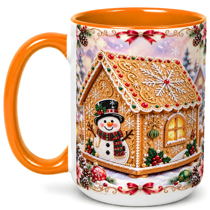 #pl[15oz|Orange] Gingerbread House Coffee Mug, Christmas Snowman Mug, Ceramic Cup