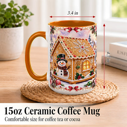 #pl[15oz|Orange] Gingerbread House Coffee Mug, Christmas Snowman Mug, Ceramic Cup