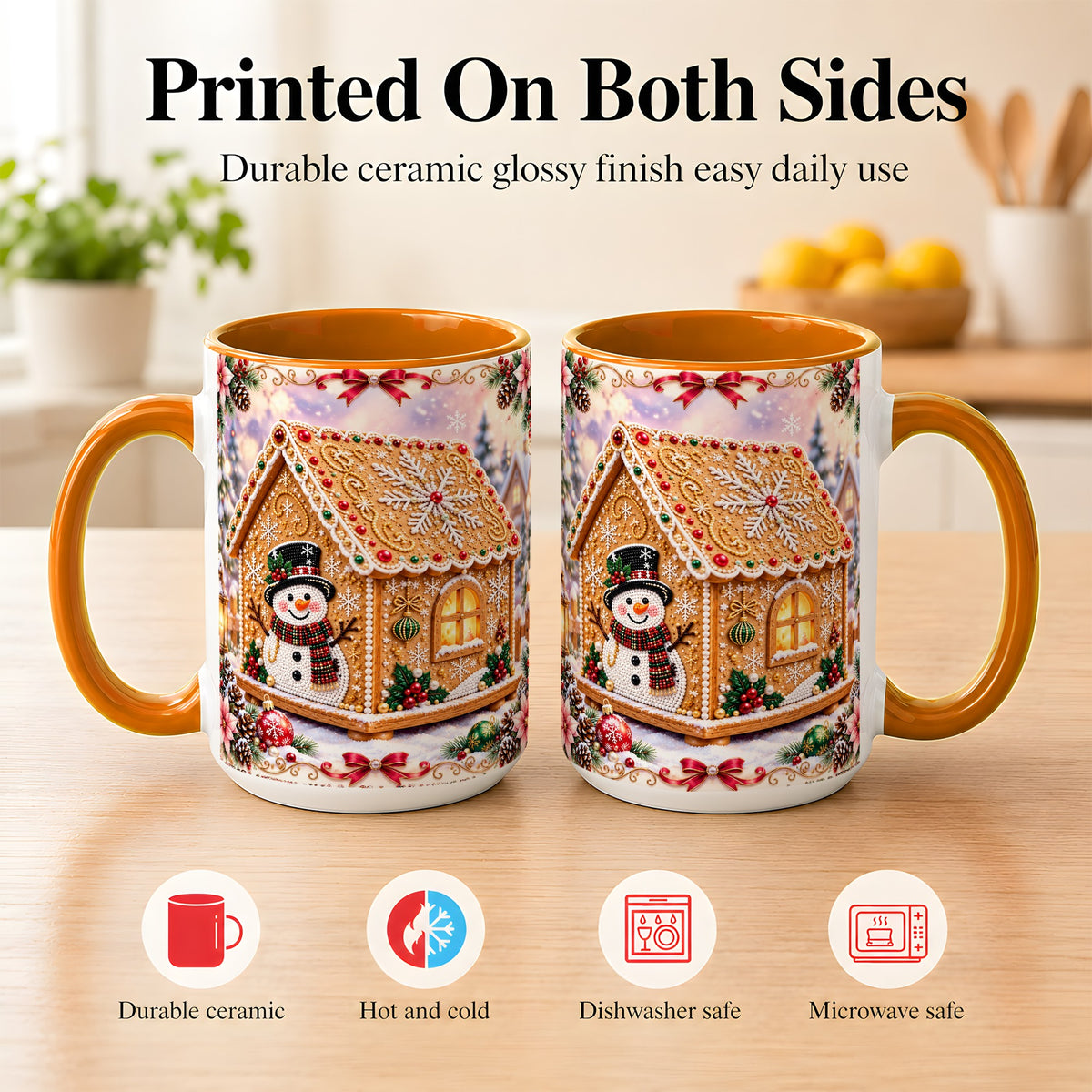 #pl[15oz|Orange] Gingerbread House Coffee Mug, Christmas Snowman Mug, Ceramic Cup