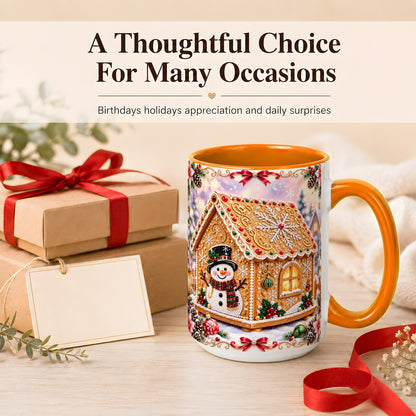 #pl[15oz|Orange] Gingerbread House Coffee Mug, Christmas Snowman Mug, Ceramic Cup