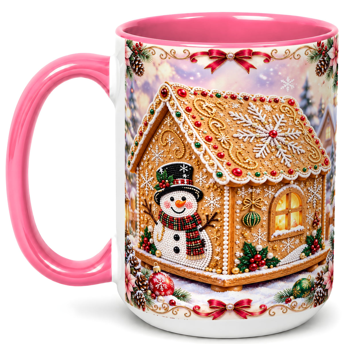 #pl[15oz|Pink] Gingerbread House Coffee Mug, Christmas Snowman Mug, Ceramic Cup