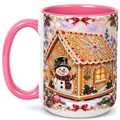 #pl[15oz|Pink] Gingerbread House Coffee Mug, Christmas Snowman Mug, Ceramic Cup