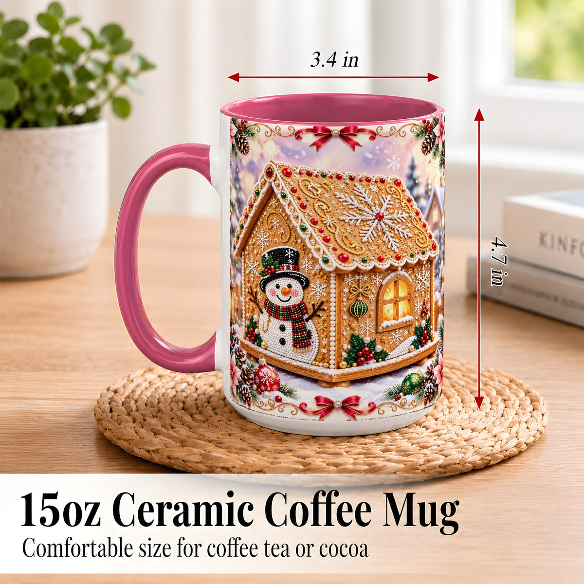 #pl[15oz|Pink] Gingerbread House Coffee Mug, Christmas Snowman Mug, Ceramic Cup