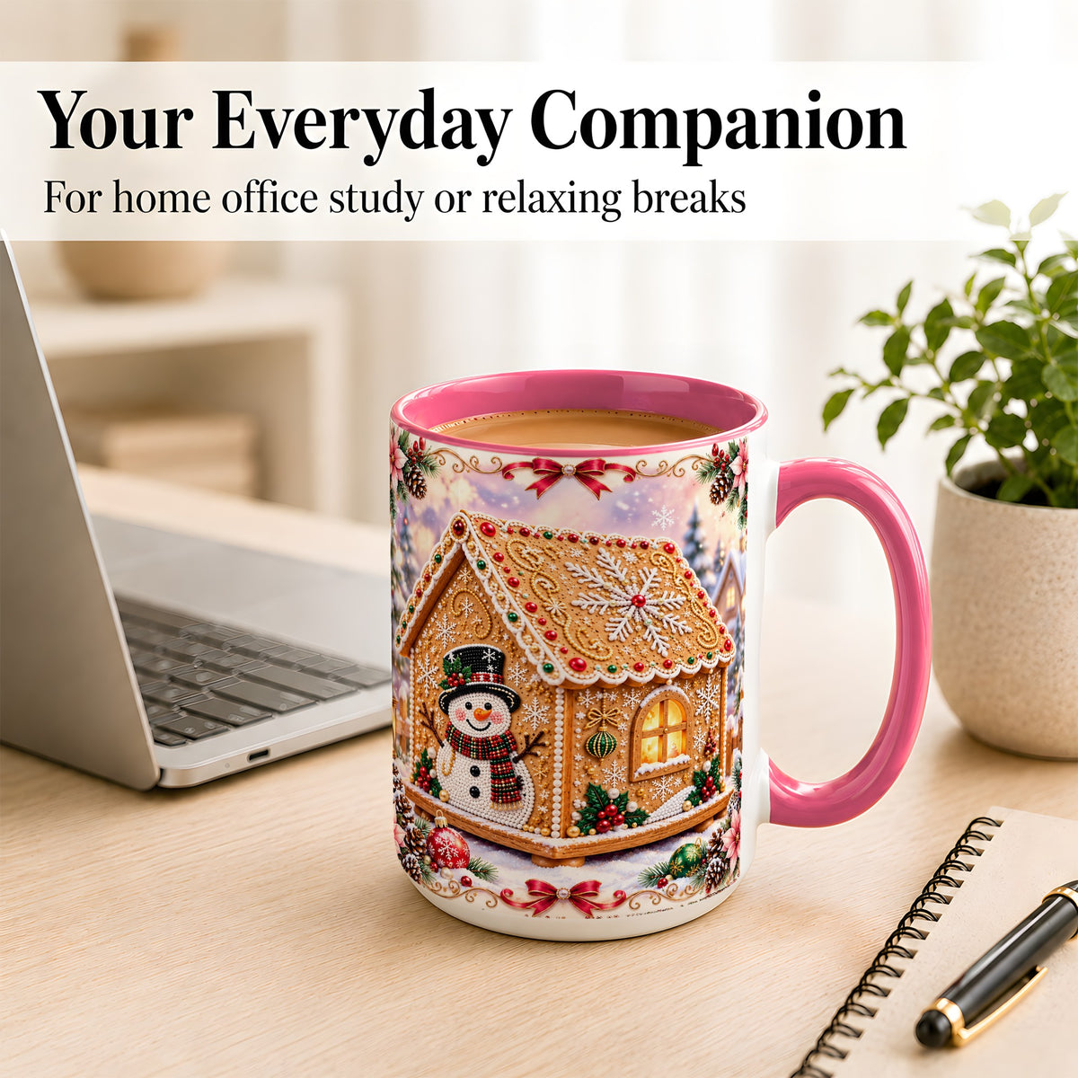 #pl[15oz|Pink] Gingerbread House Coffee Mug, Christmas Snowman Mug, Ceramic Cup