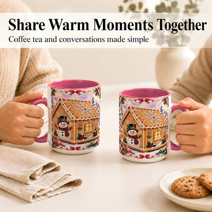 #pl[15oz|Pink] Gingerbread House Coffee Mug, Christmas Snowman Mug, Ceramic Cup