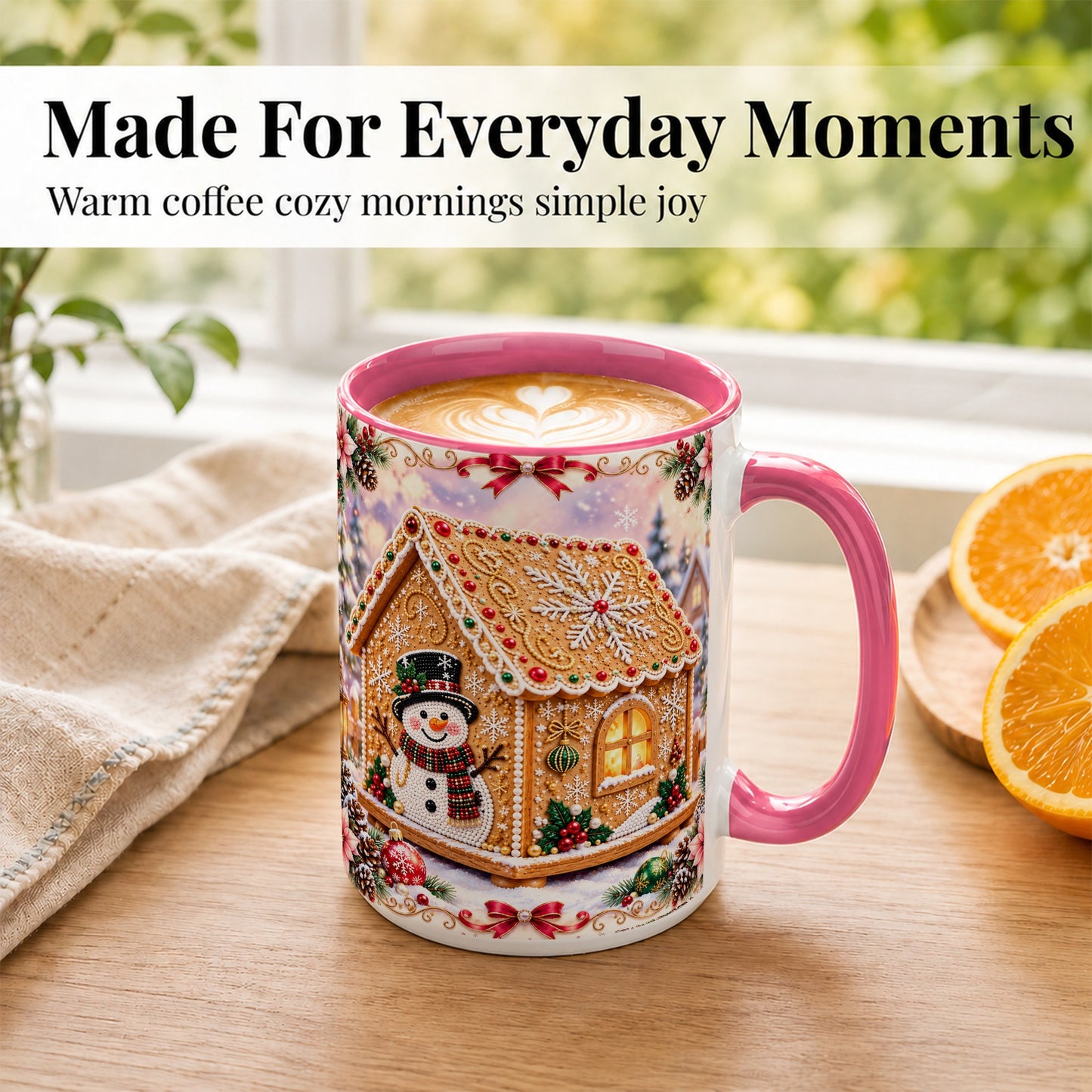 #pl[15oz|Pink] Gingerbread House Coffee Mug, Christmas Snowman Mug, Ceramic Cup