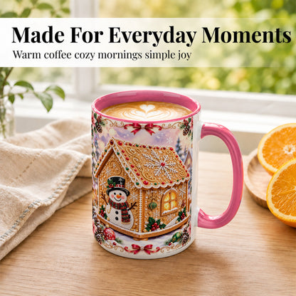 #pl[15oz|Pink] Gingerbread House Coffee Mug, Christmas Snowman Mug, Ceramic Cup