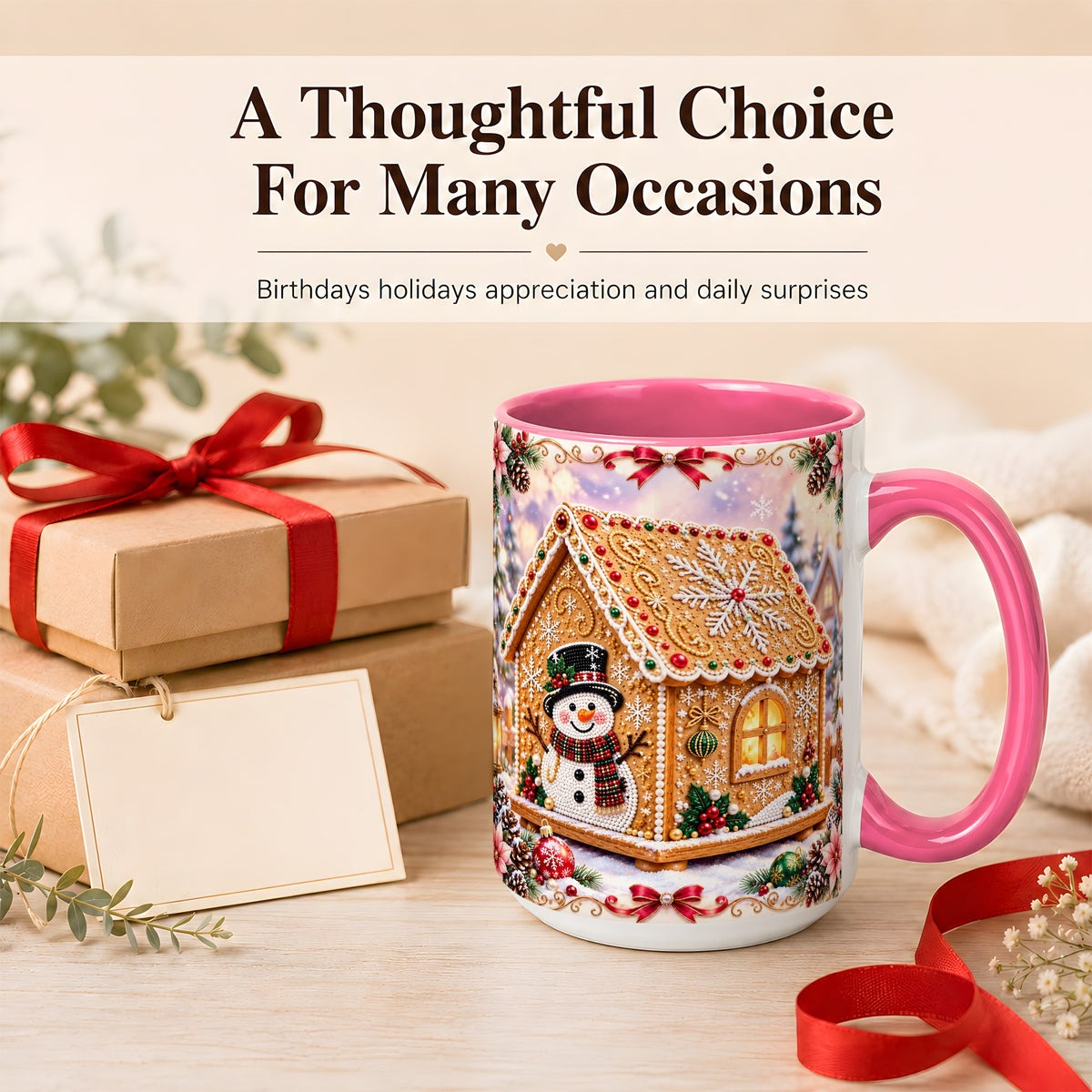 #pl[15oz|Pink] Gingerbread House Coffee Mug, Christmas Snowman Mug, Ceramic Cup