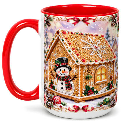 #pl[15oz|Red] Gingerbread House Coffee Mug, Christmas Snowman Mug, Ceramic Cup