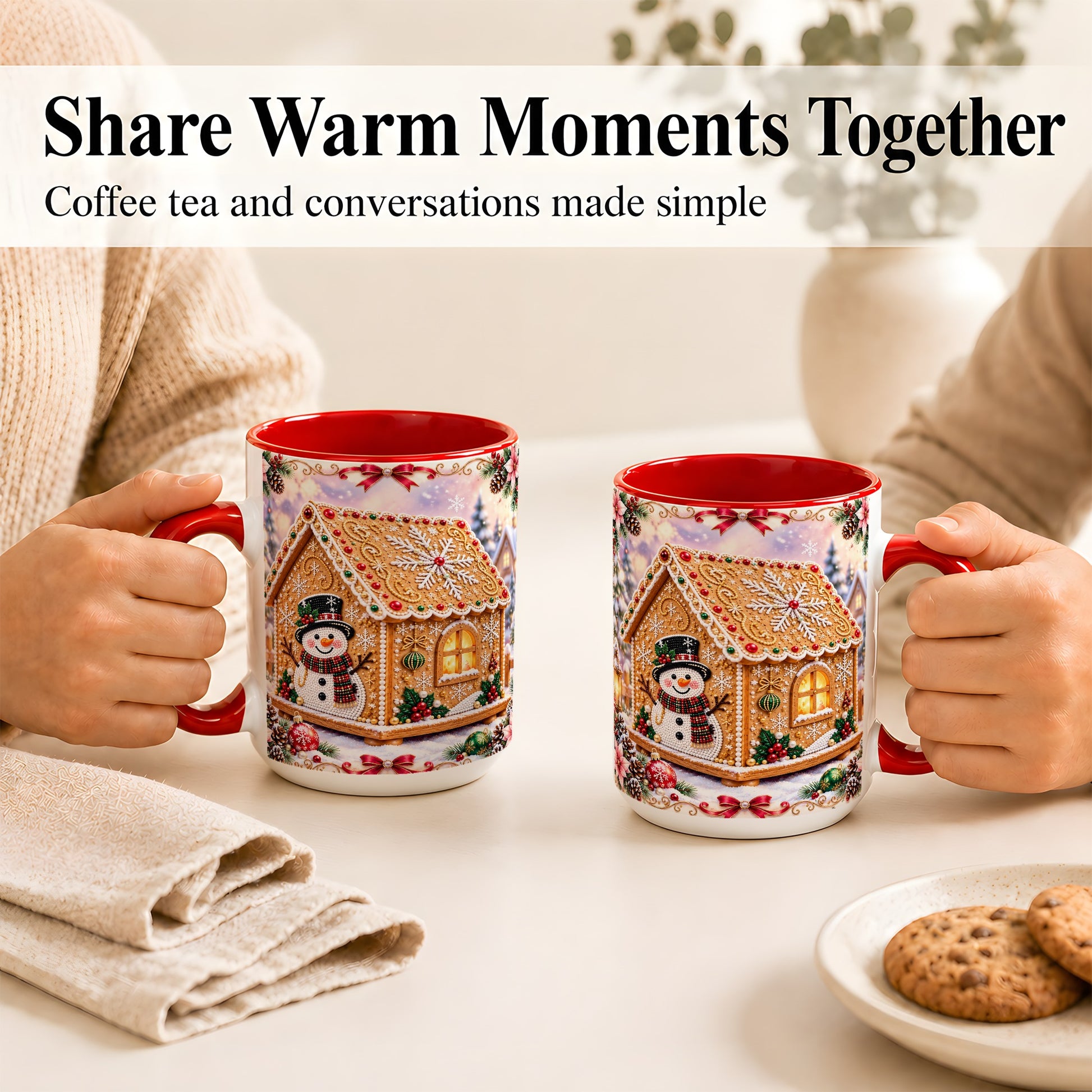 #pl[15oz|Red] Gingerbread House Coffee Mug, Christmas Snowman Mug, Ceramic Cup