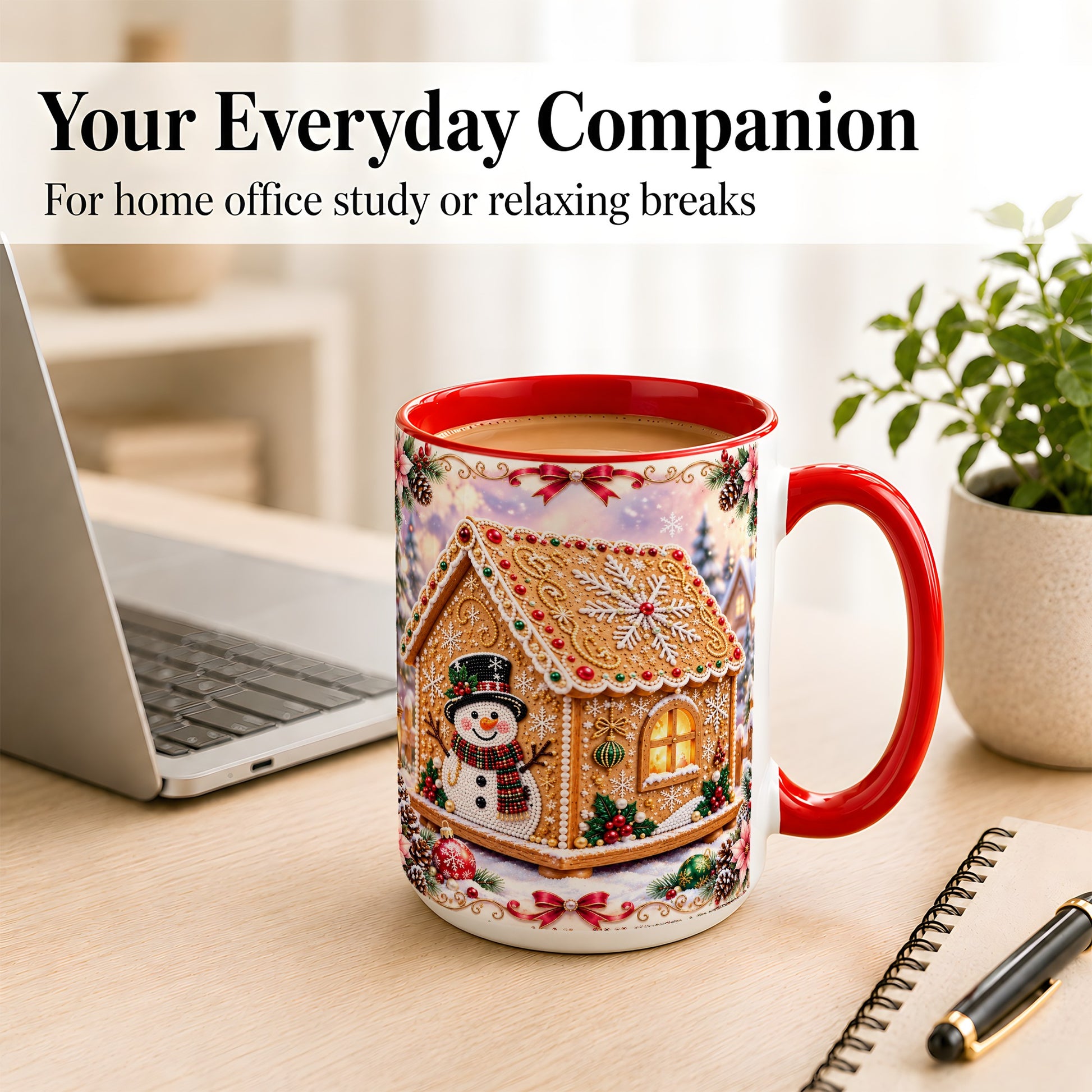 #pl[15oz|Red] Gingerbread House Coffee Mug, Christmas Snowman Mug, Ceramic Cup