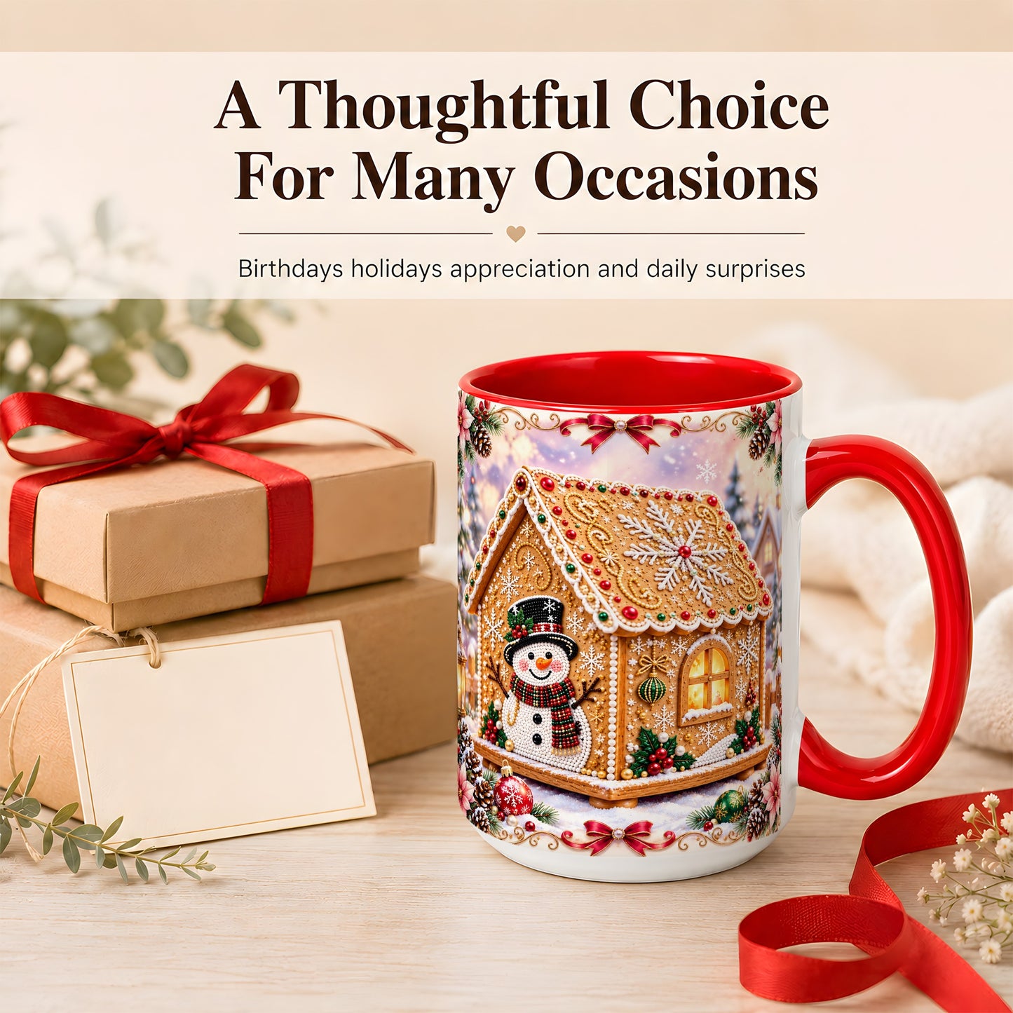 #pl[15oz|Red] Gingerbread House Coffee Mug, Christmas Snowman Mug, Ceramic Cup