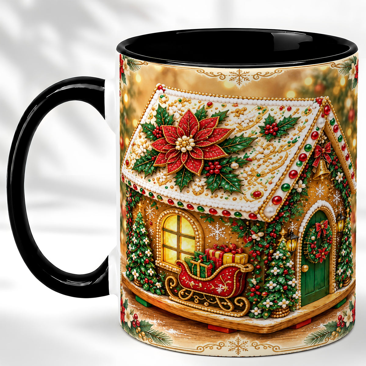 #pl[11oz|Black] Christmas Gingerbread Coffee Mug, Poinsettia House Mug, Ceramic Cup