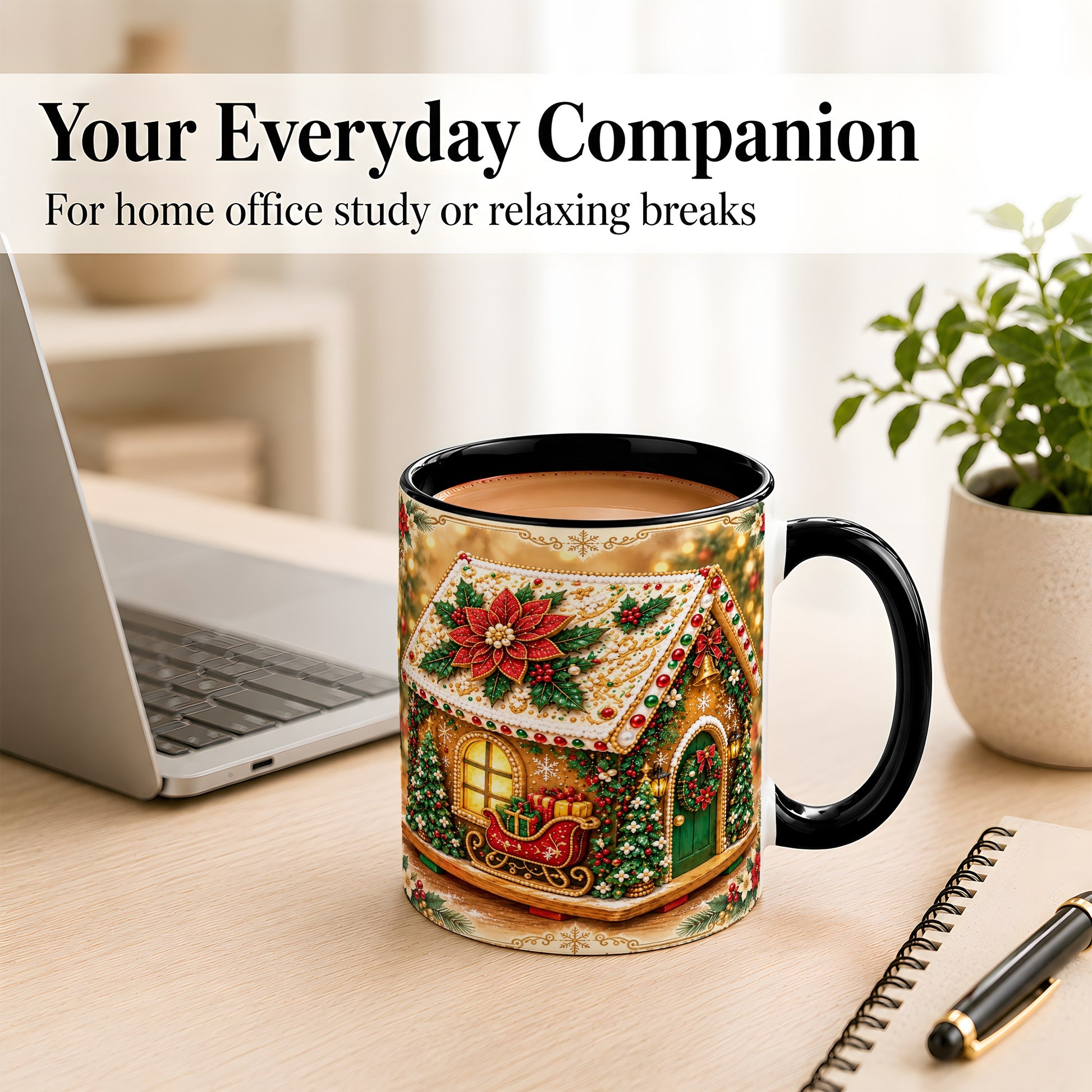 #pl[11oz|Black] Christmas Gingerbread Coffee Mug, Poinsettia House Mug, Ceramic Cup