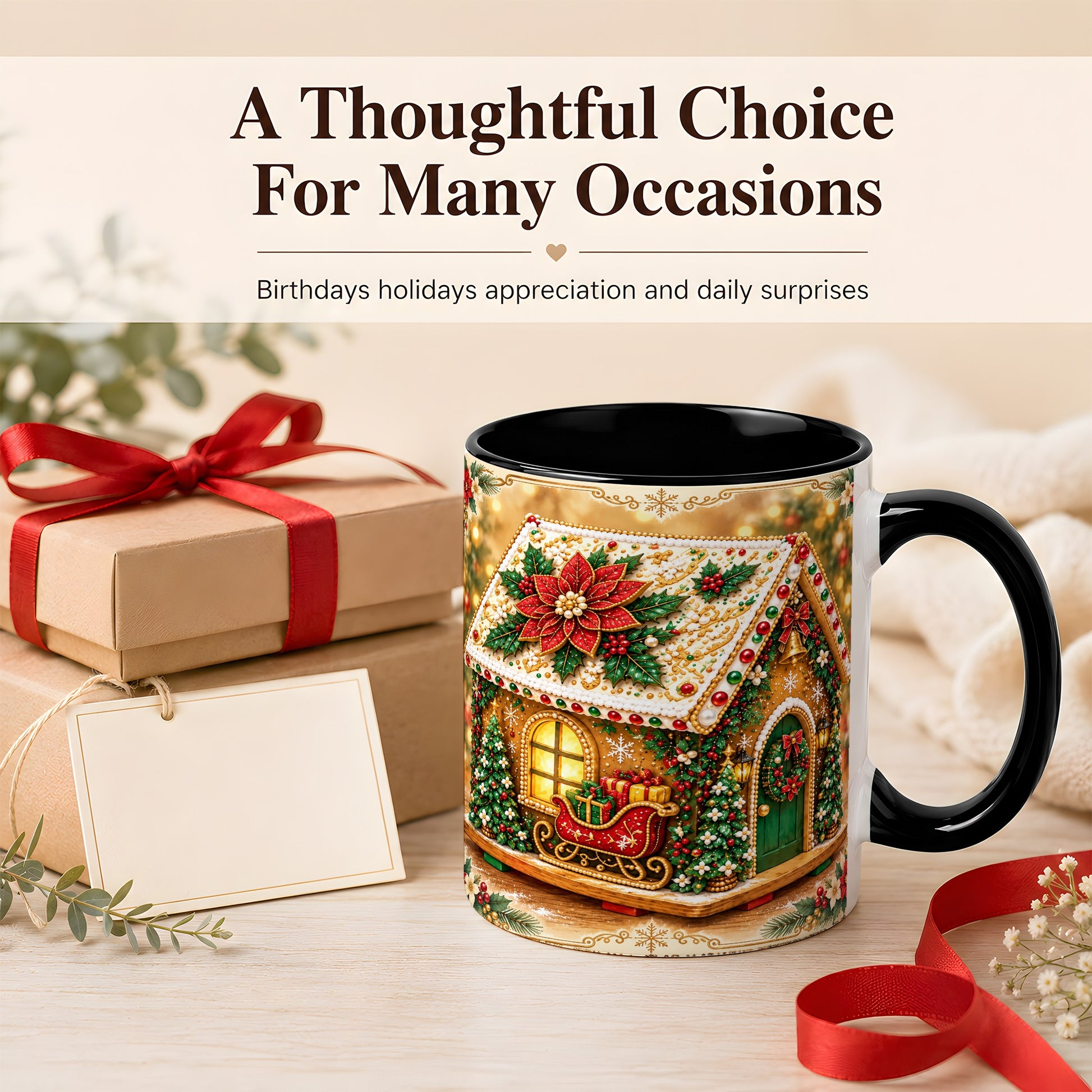 #pl[11oz|Black] Christmas Gingerbread Coffee Mug, Poinsettia House Mug, Ceramic Cup