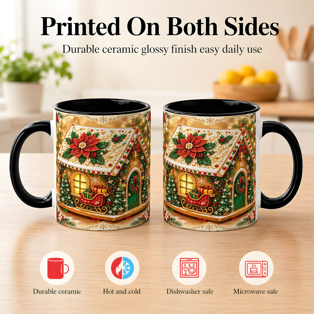 #pl[11oz|Black] Christmas Gingerbread Coffee Mug, Poinsettia House Mug, Ceramic Cup