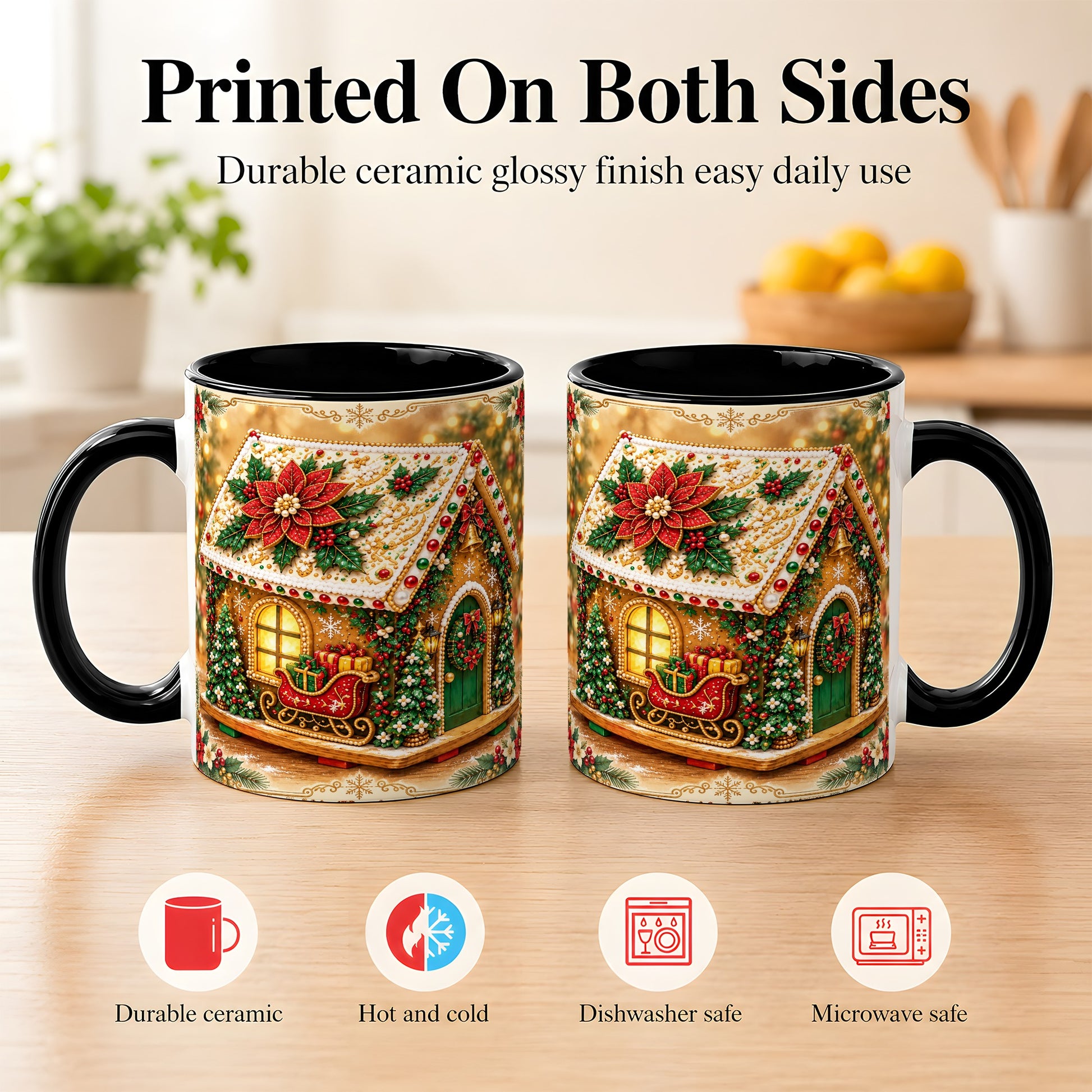 #pl[11oz|Black] Christmas Gingerbread Coffee Mug, Poinsettia House Mug, Ceramic Cup