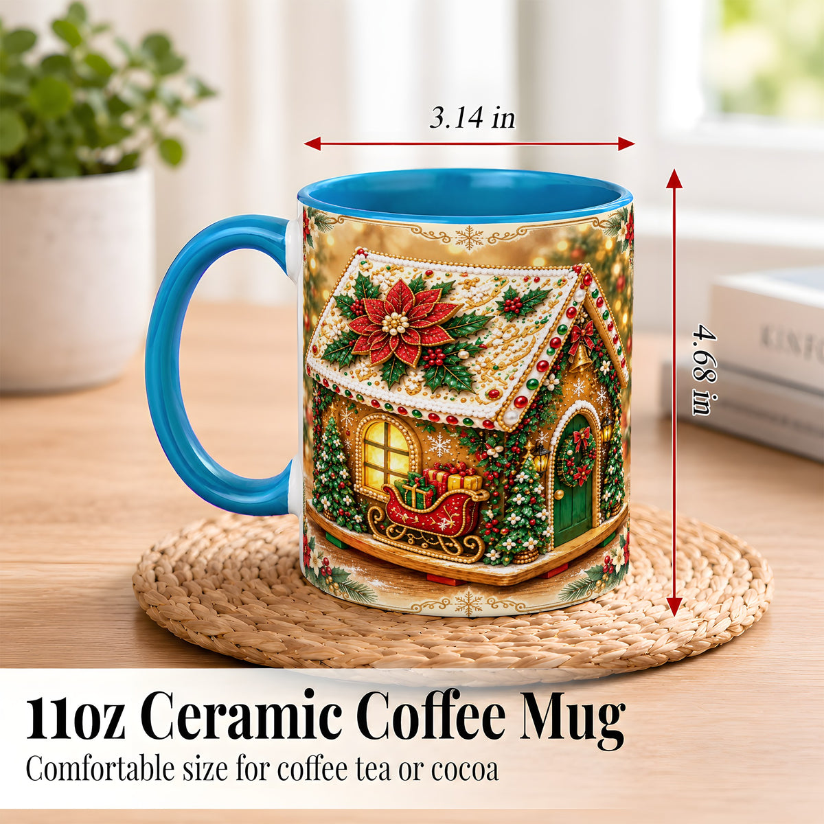 #pl[11oz|Blue] Christmas Gingerbread Coffee Mug, Poinsettia House Mug, Ceramic Cup