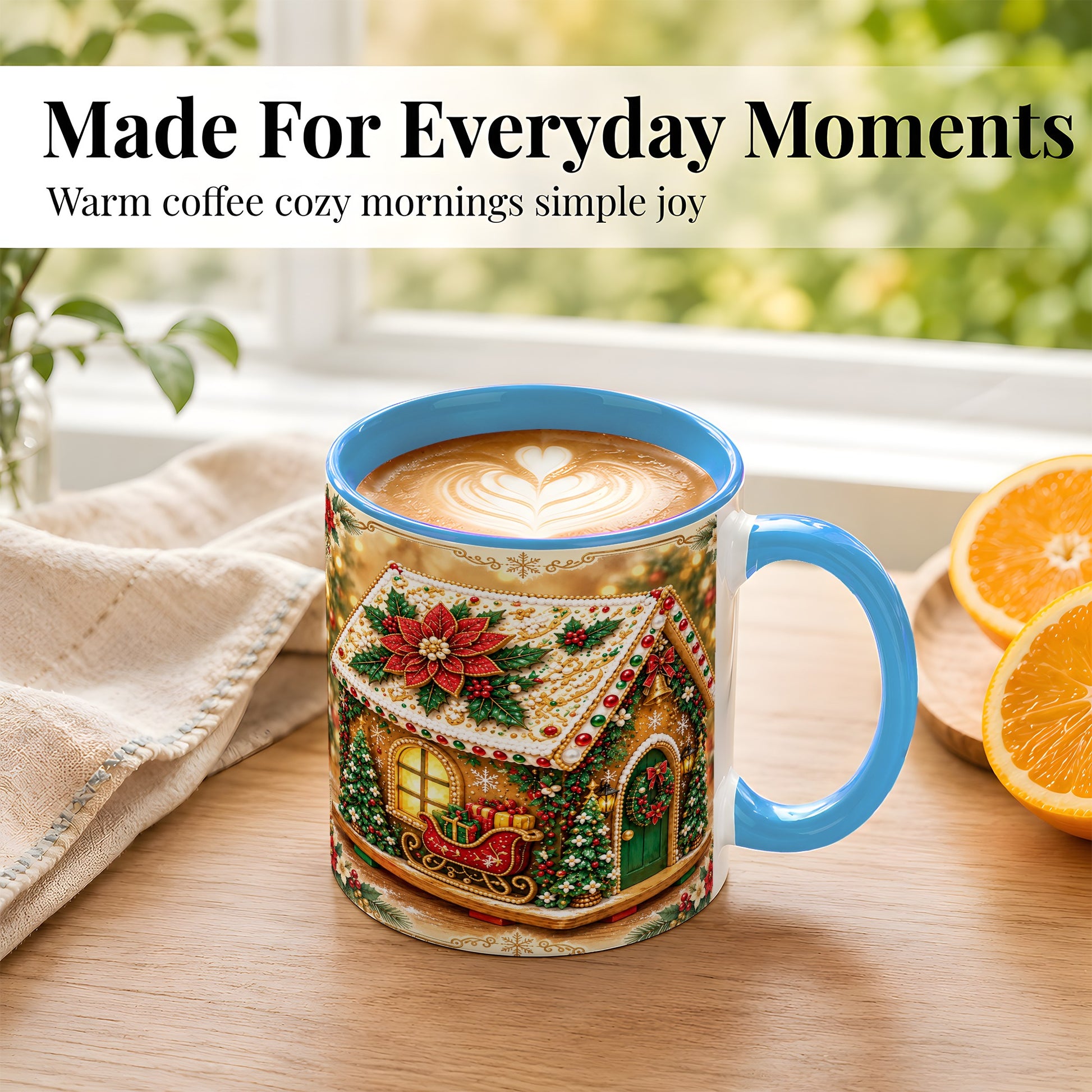 #pl[11oz|Blue] Christmas Gingerbread Coffee Mug, Poinsettia House Mug, Ceramic Cup