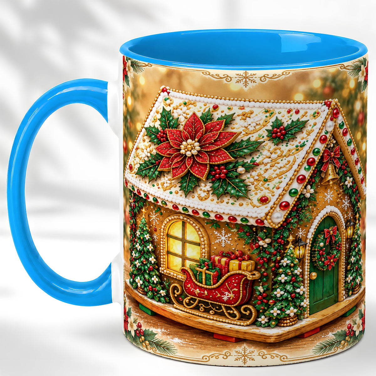 #pl[11oz|Blue] Christmas Gingerbread Coffee Mug, Poinsettia House Mug, Ceramic Cup
