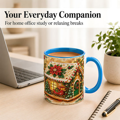 #pl[11oz|Blue] Christmas Gingerbread Coffee Mug, Poinsettia House Mug, Ceramic Cup