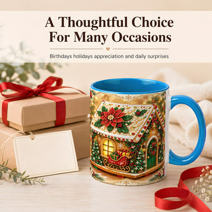 #pl[11oz|Blue] Christmas Gingerbread Coffee Mug, Poinsettia House Mug, Ceramic Cup