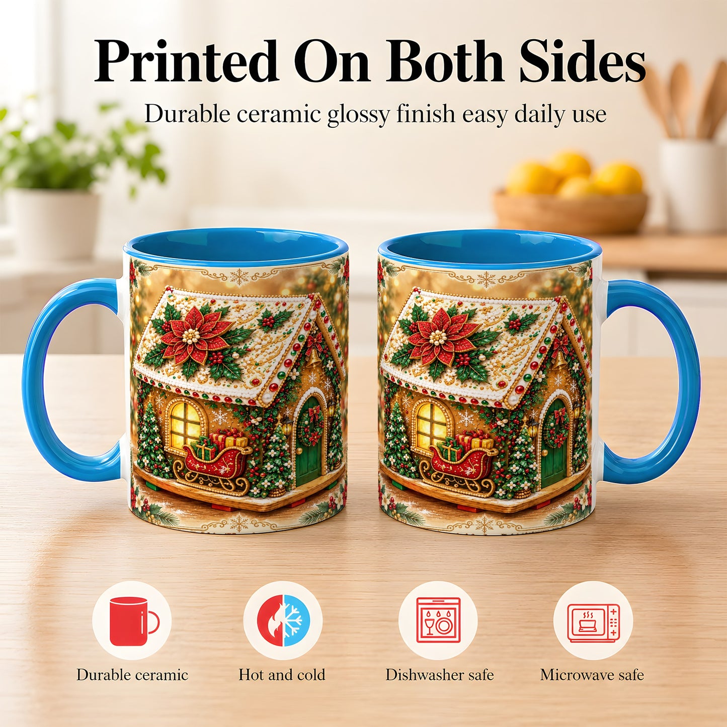 #pl[11oz|Blue] Christmas Gingerbread Coffee Mug, Poinsettia House Mug, Ceramic Cup