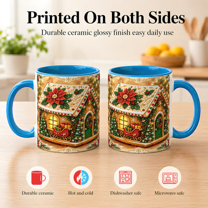 #pl[11oz|Blue] Christmas Gingerbread Coffee Mug, Poinsettia House Mug, Ceramic Cup