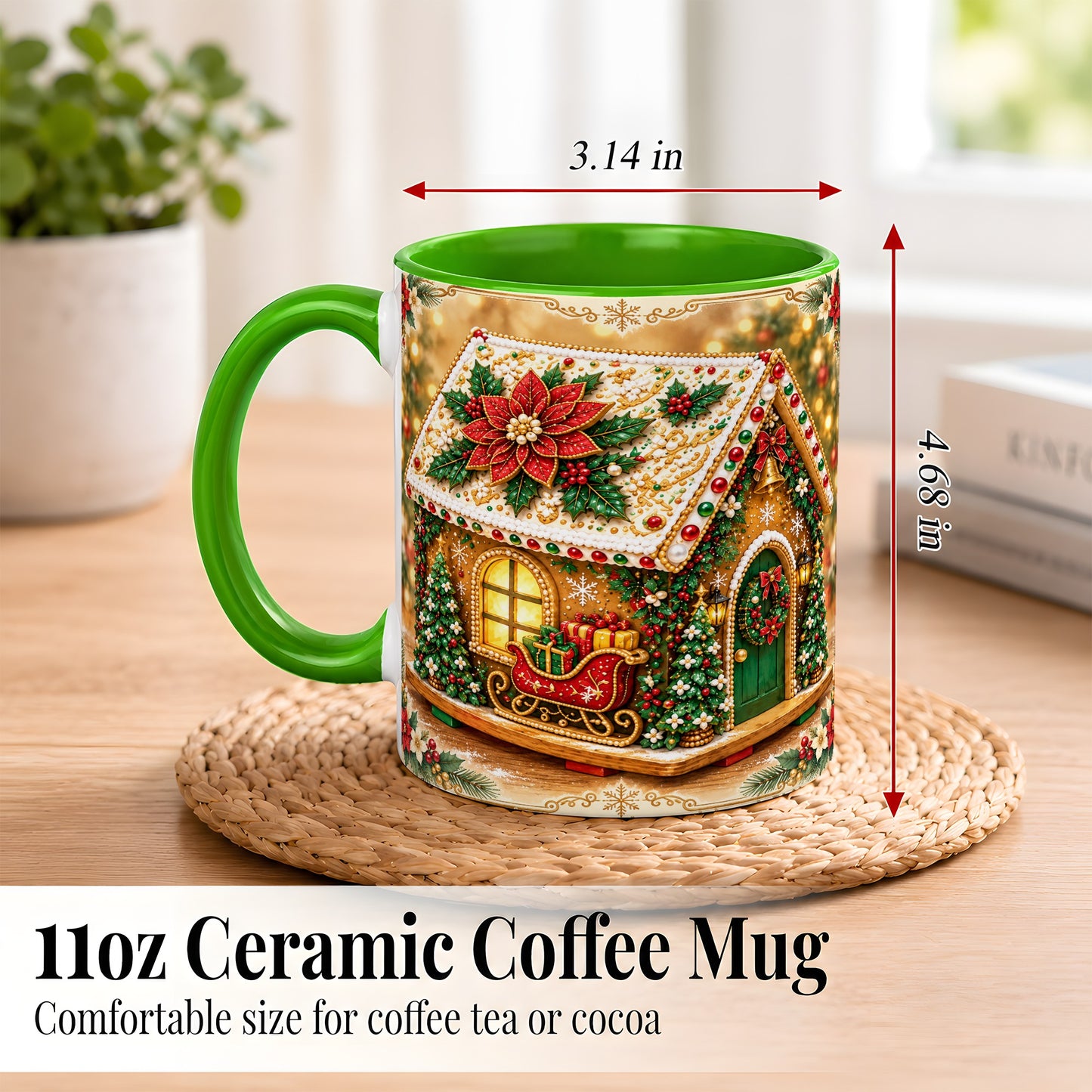 #pl[11oz|Green] Christmas Gingerbread Coffee Mug, Poinsettia House Mug, Ceramic Cup