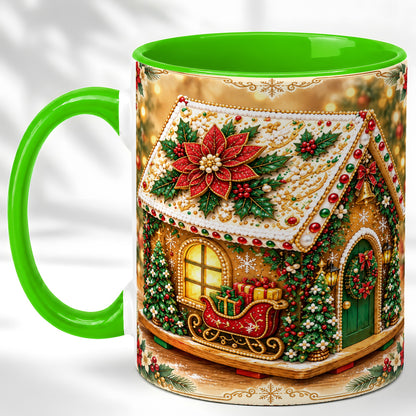 #pl[11oz|Green] Christmas Gingerbread Coffee Mug, Poinsettia House Mug, Ceramic Cup
