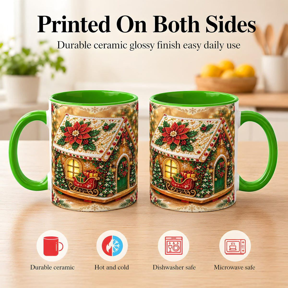 #pl[11oz|Green] Christmas Gingerbread Coffee Mug, Poinsettia House Mug, Ceramic Cup