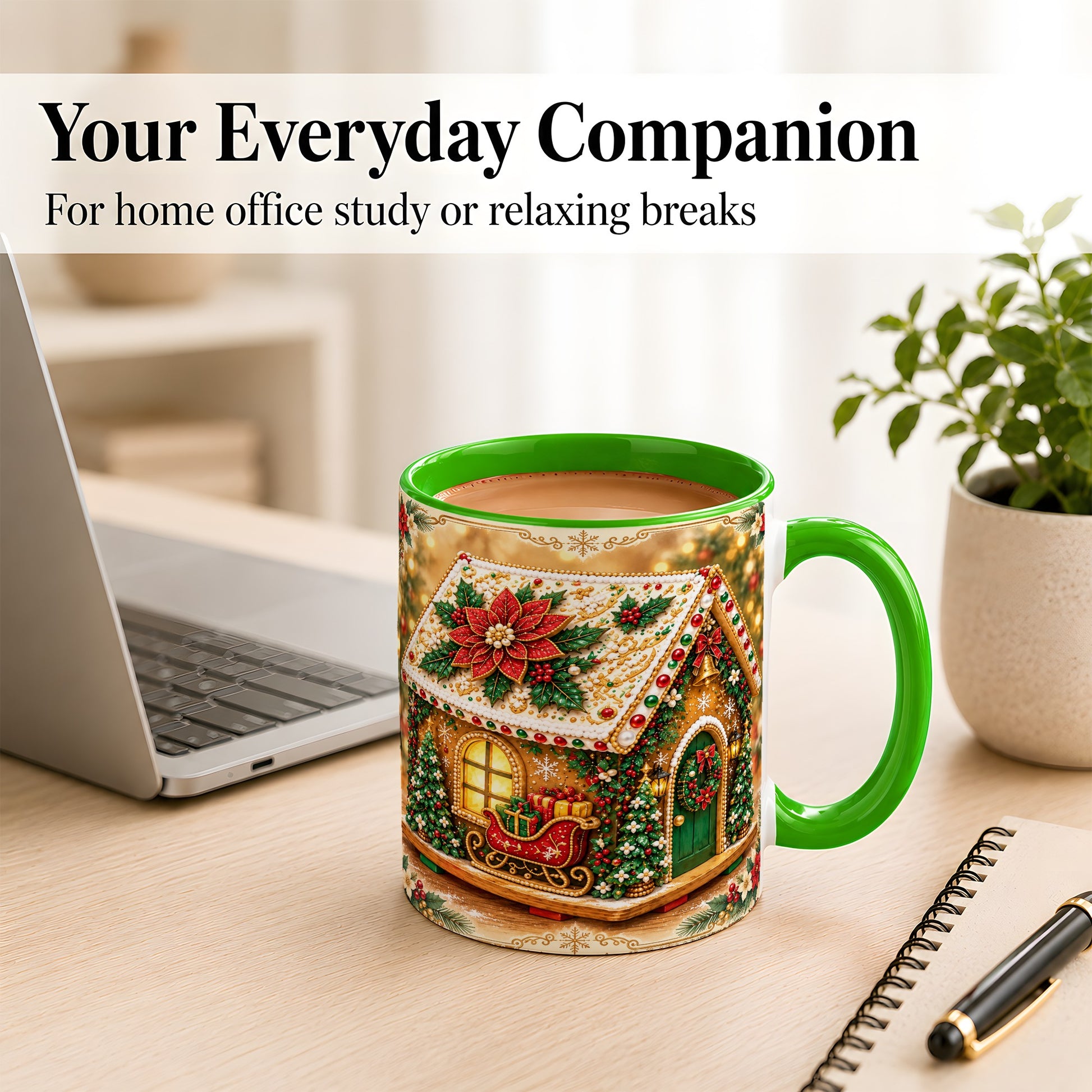 #pl[11oz|Green] Christmas Gingerbread Coffee Mug, Poinsettia House Mug, Ceramic Cup