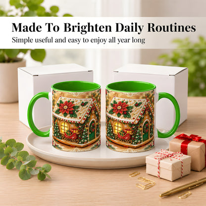 #pl[11oz|Green] Christmas Gingerbread Coffee Mug, Poinsettia House Mug, Ceramic Cup