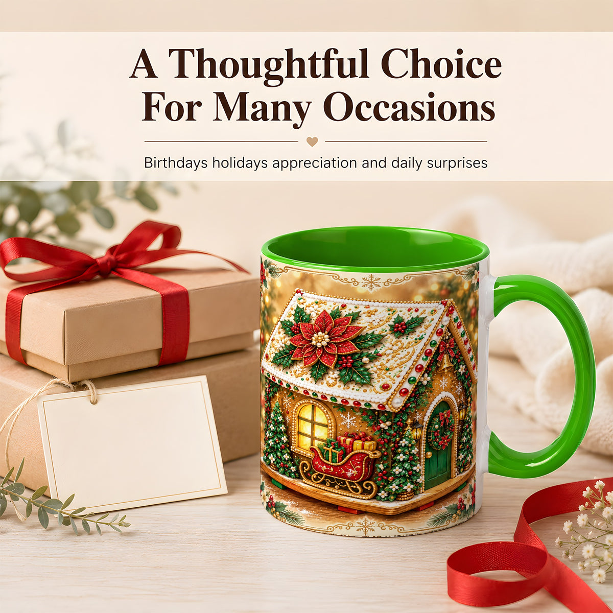 #pl[11oz|Green] Christmas Gingerbread Coffee Mug, Poinsettia House Mug, Ceramic Cup