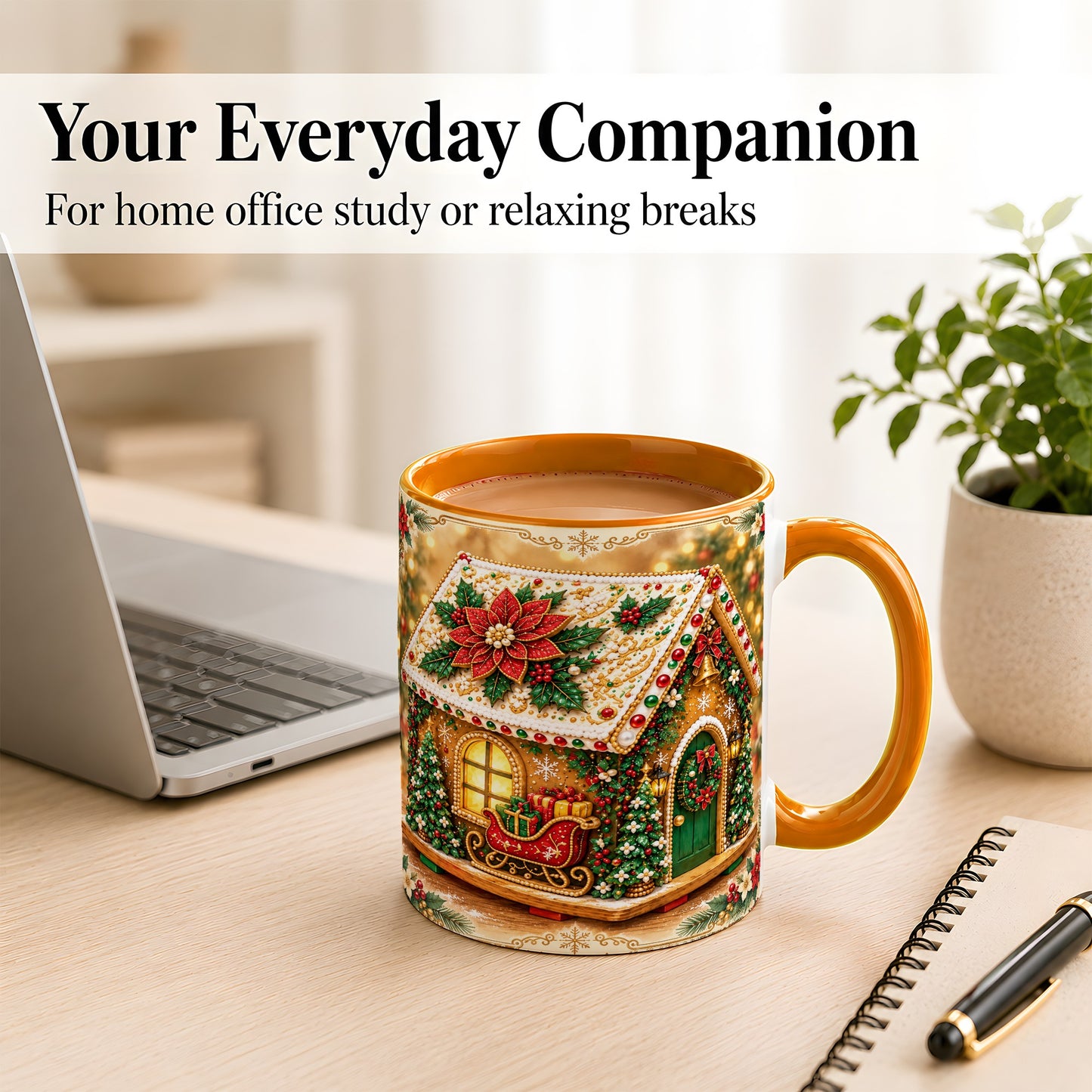 #pl[11oz|Orange] Christmas Gingerbread Coffee Mug, Poinsettia House Mug, Ceramic Cup