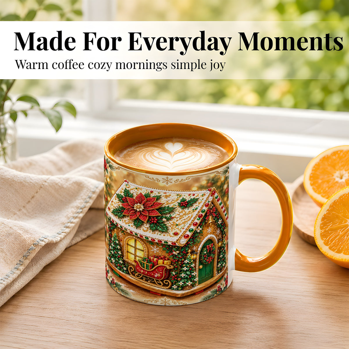 #pl[11oz|Orange] Christmas Gingerbread Coffee Mug, Poinsettia House Mug, Ceramic Cup